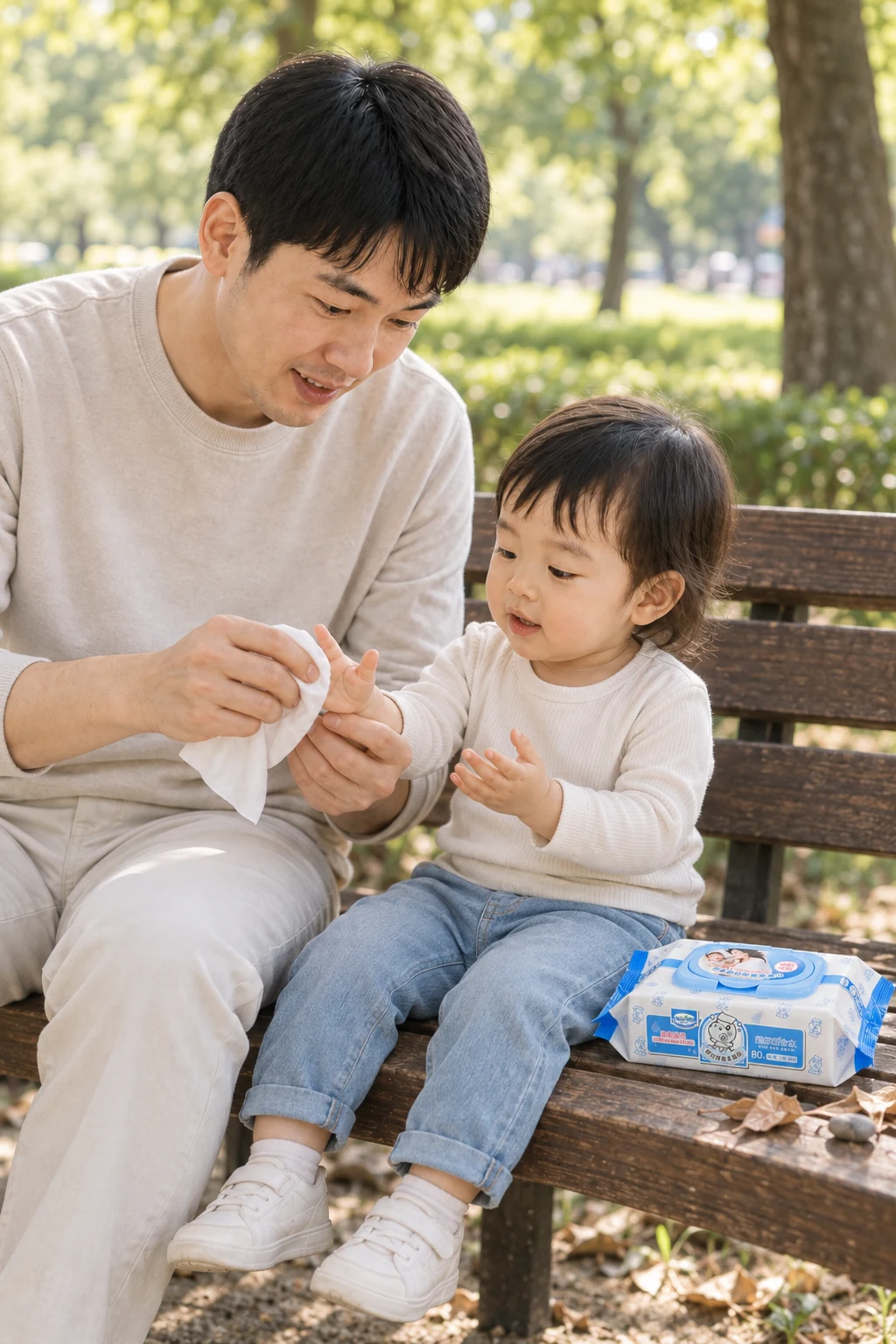 爸爸在公園長椅上用柔濕巾擦拭孩子的手,旁邊放著濕紙巾包裝