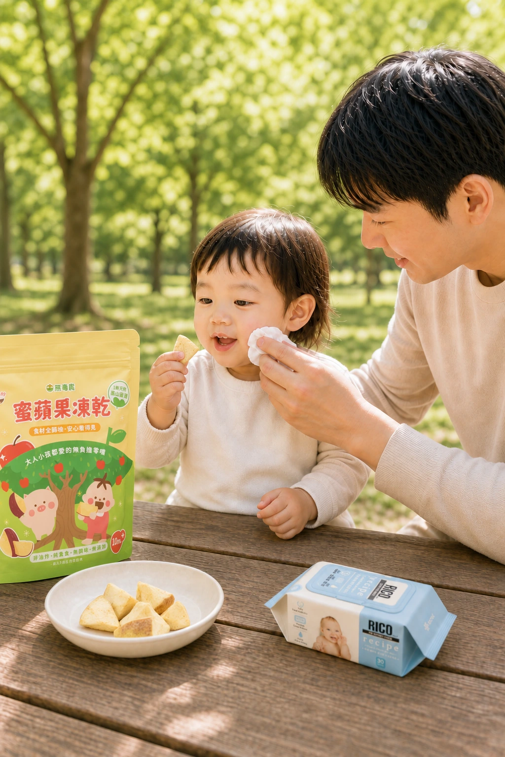 爸爸在公園木桌旁用口手濕紙巾擦拭孩子嘴邊,桌上放著蜜蘋果凍乾與濕紙巾