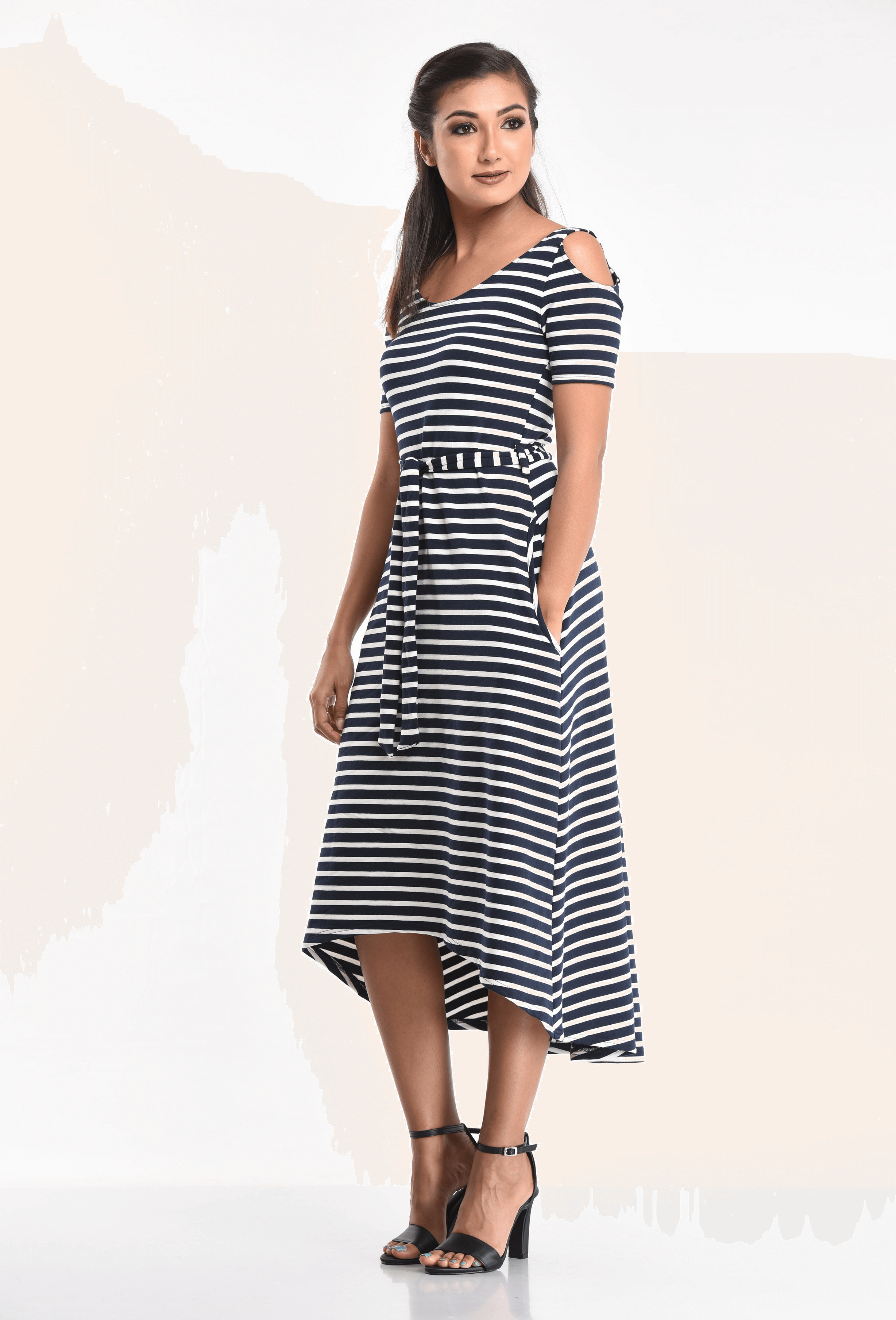 shoulder open midi dress in stripe| Cherri