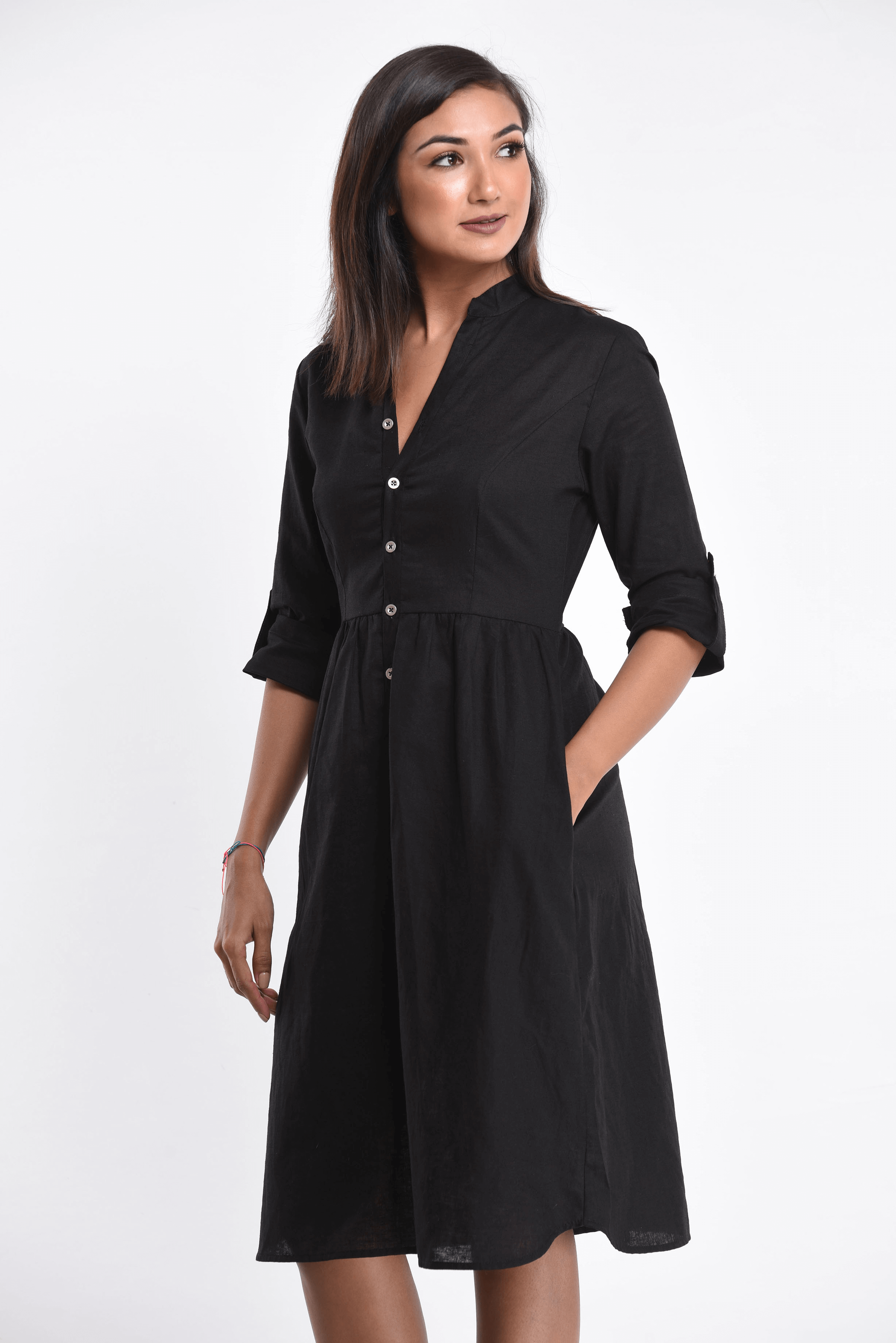 Roll up sleeve linen dress in black| Cherri