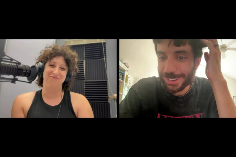 A screengrab from a Zoom call of two different screens side by side. To the left, a white woman in a black tank top smiles, she has earphones and is in front of a recording mic. To the right, an Iranian-American man in a t-shirt smiles and talks, with his hand lightly to his head, sporting a wedding band.