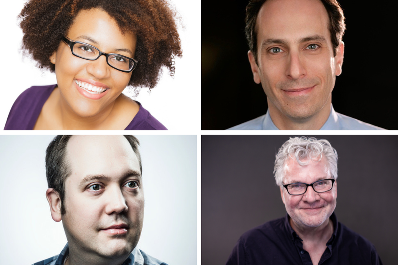 Headshots of four panelists. Clockwise from top left: a Black woman with a big smile, black rectangular glasses, and curly bobbed hair, a white man looking warmly to the camera with short brown hair and a blue collared shirt, and white man with a smile, white hair, and black glasses, and a white man looking ominously off camera with short hair and a collared flannel shirt.