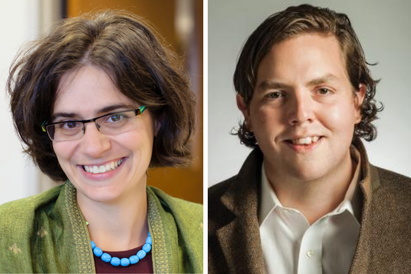 Two headshots side by side. To the left, a smiling white woman with free-spirited short brown hair, glasses, a green jacket, and a bright blue beaded necklace. To the left, a smiling white man with longer blond hair tucked behind the ears, a brown blazer with the lapel partially flipped up, and a white collar shirt.