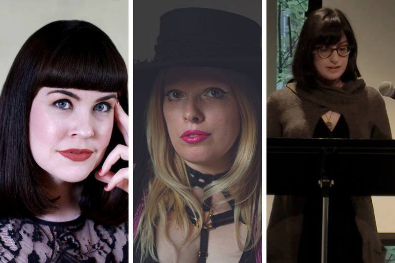 Three headshots side-by-side: Caitlin Doughty looks entrancingly at camera with fingers to temple, Kristen J. Sollée wears a witchy black hat, pink lipstick, and a harness shirt, and Amy Giacalone speaks at a music stand.