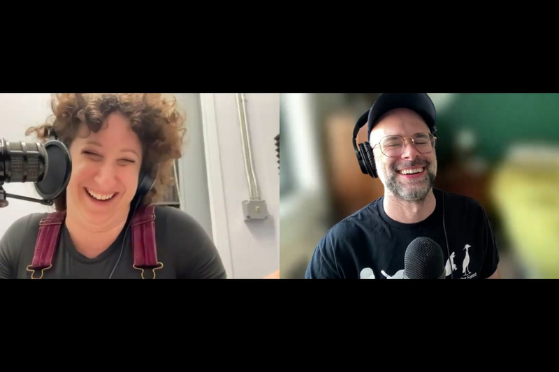 A screenshot of a split screen Zoom conversation. To the left, a woman laughing, with burly hair and headphones in front of a microphone. To the right, a man in glasses and a hat laughing in front of a microphone.