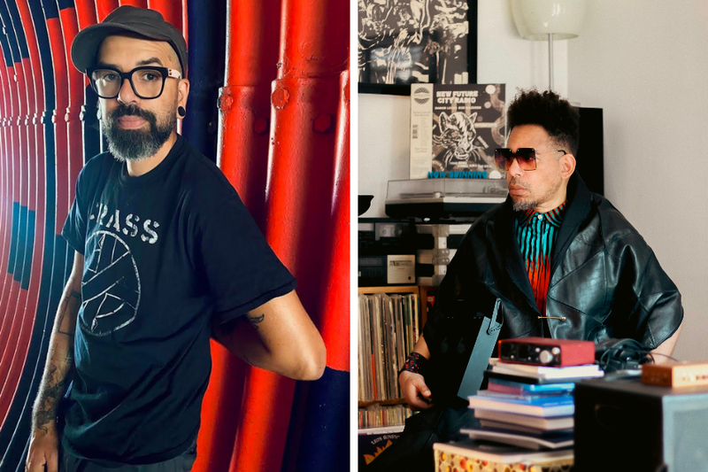 An image featuring two artist photos side-by-side. To the left, a Black man in a black band shirt with tattoos, black glasses, and a beard, in front of red pipes. To the right, a Black man with orange glasses, a black leather jacket, and a vibrant orange and blue shirt, sits among books, records, and audio equipment.