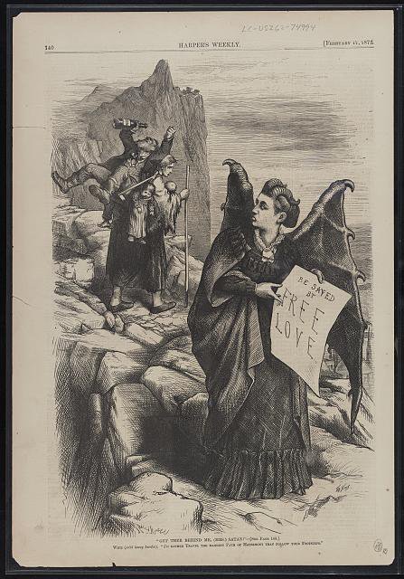 Photocopied page of an old book - the page is sepia-toned with knicks at the edges. A cartoon of Victoria Woodhull with devil horns and wings holding a sign that reads “Be saved by free love” while a weary male traveler behind her carries babies and a man with wine.
