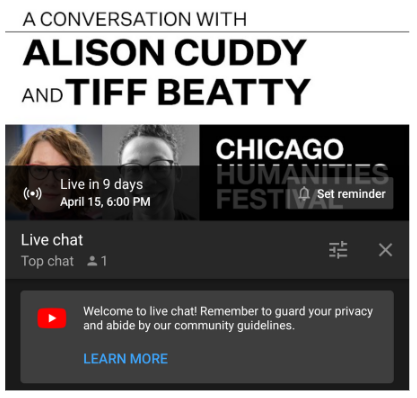YouTube Live on Mobile with live countdown and directions for chat box.