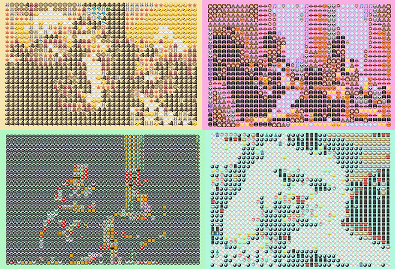 four images comprised of emoji, a cat face, people talking on stage