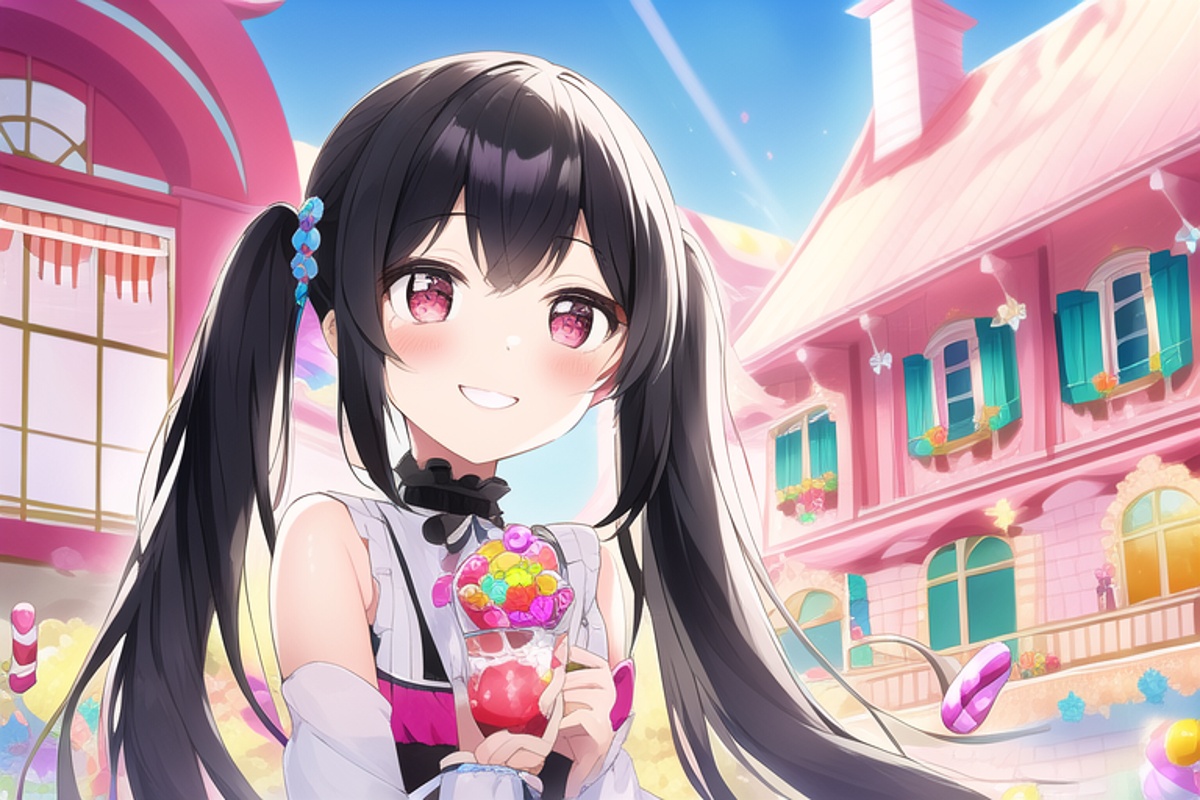お菓子の家の前で笑顔の少女 Chichi Pui ちちぷい Aiイラスト専用の投稿サイト