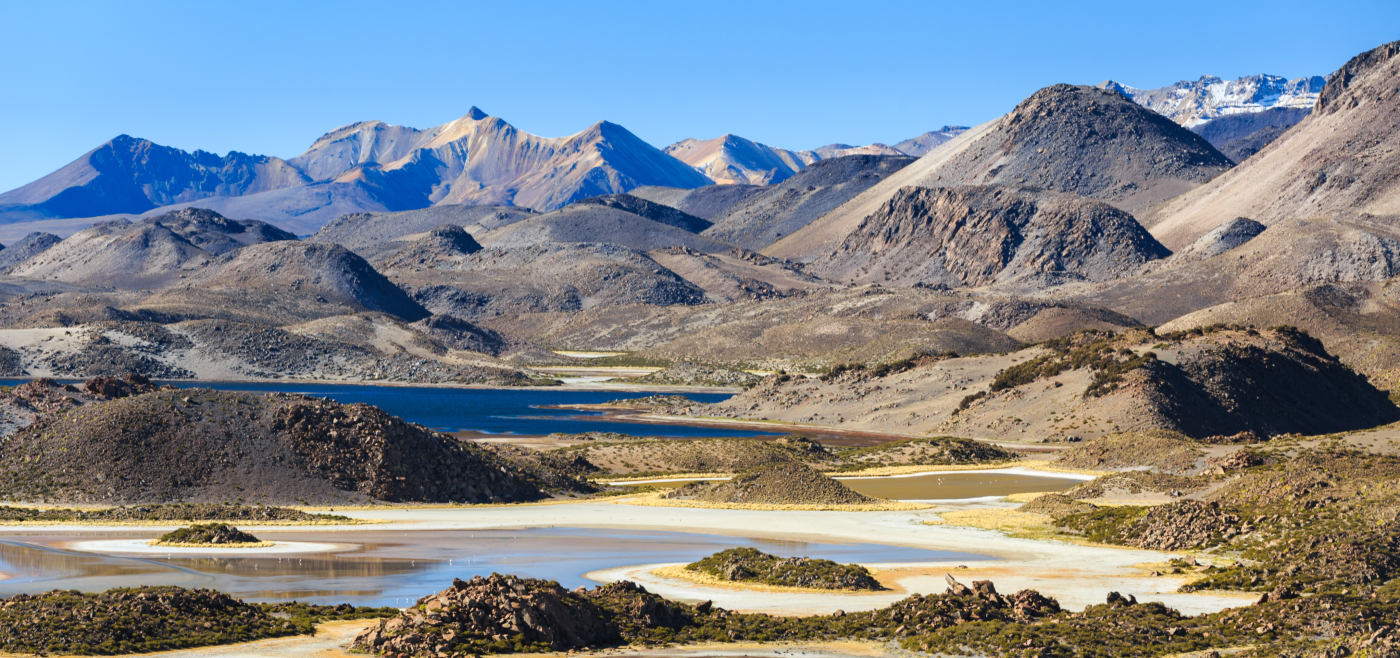 Imagen panorámica del Parque Nacional Lauca, donde se aprecian las lagunas altiplánicas y las montañas de fondo.