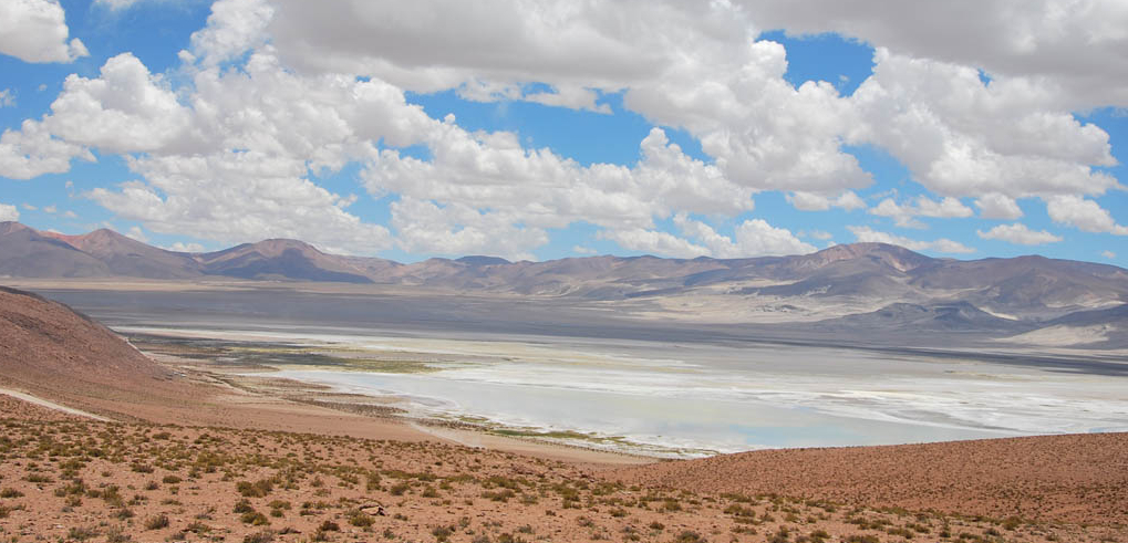 Imagen panorámica del Parque Nacional Salar de Huasco donde se aprecia el cielo con nubes claras y la belleza de su salar. 