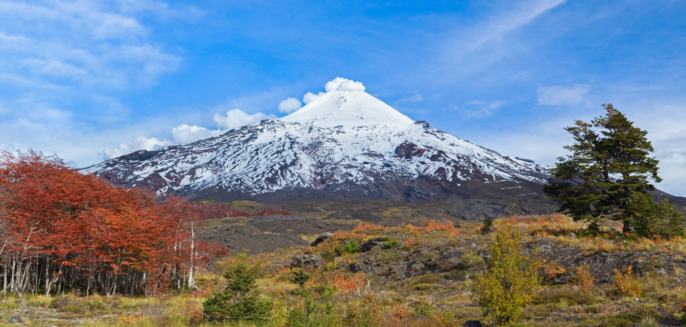 Imagen panorámica del Parque Nacional Villarrica donde se aprecia la majestuosidad del volcán Villarrica