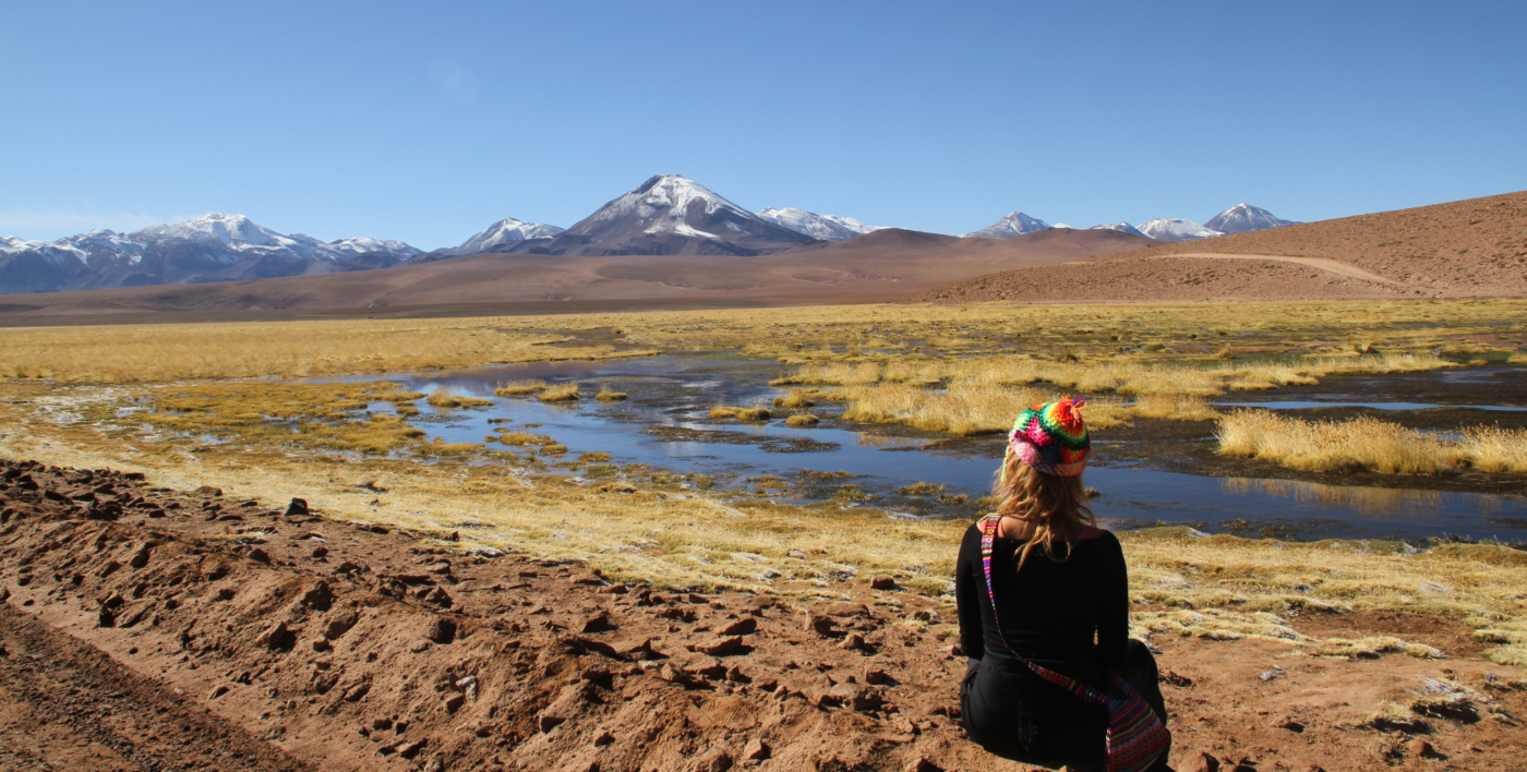 Imagen de una turista admirando las bellezas de las lagunas altiplánicas en las cercanías de San Pedro de Atacama