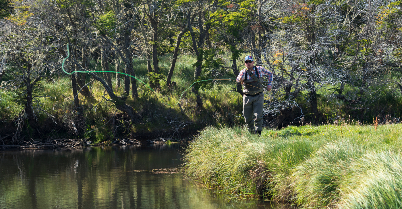 Imagen de un hombre practicando la pesca con mosca a la orilla de un río en el sur de Chile, en medio de una verde vegetación.