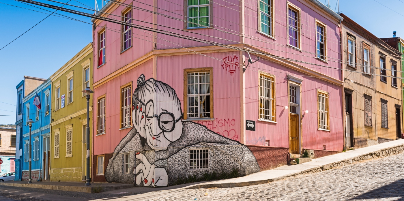 Imagen de un graffiti de Valparaíso que muestra la imagen de una abuela con lentes pensando