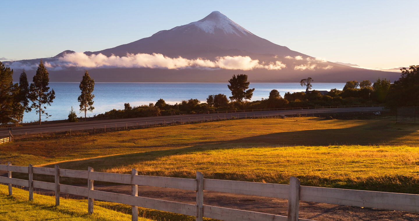 Imagen panorámica del volcán Osorno donde destacan hectáreas de pasto en un colorido amanecer