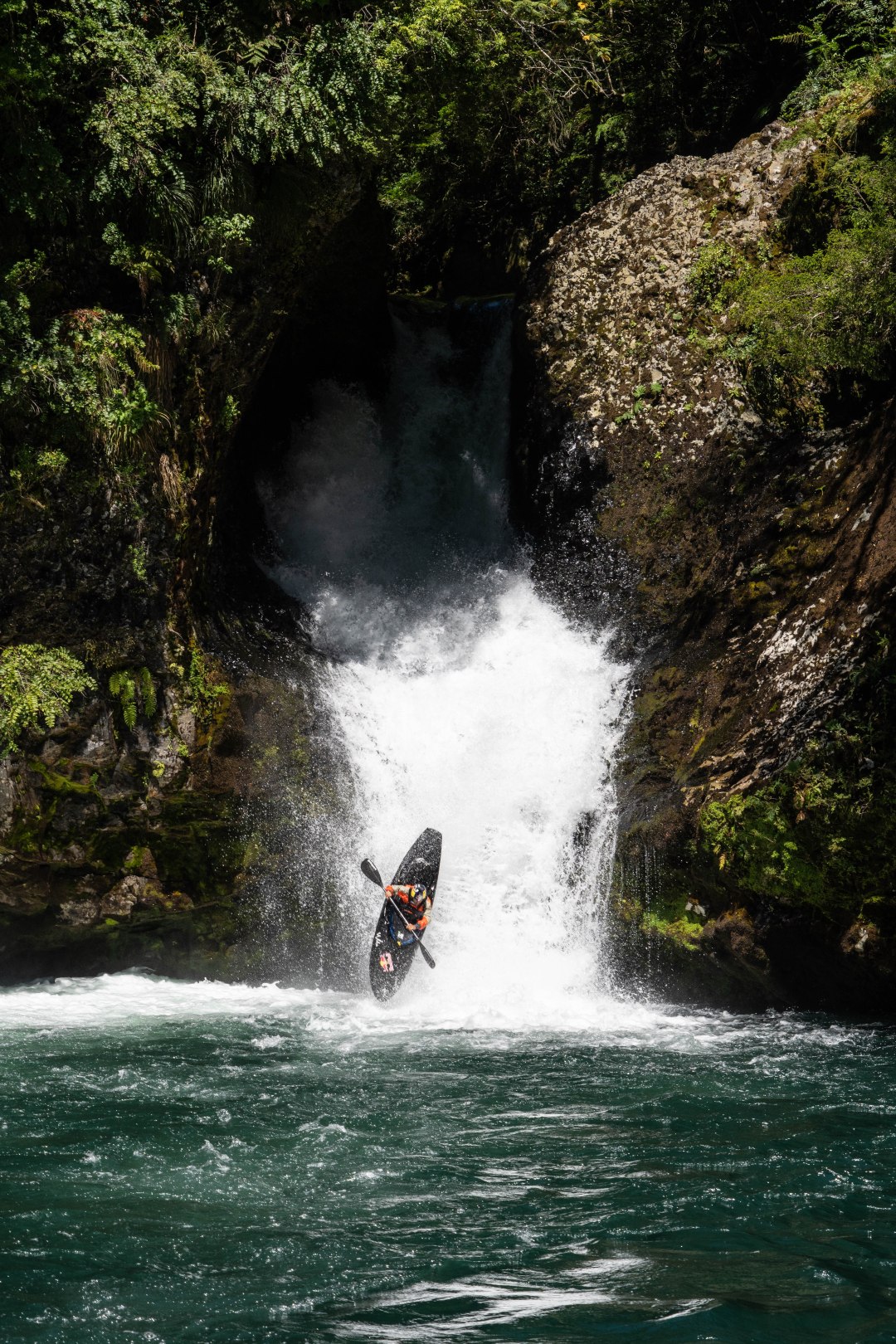Aniol che cade da una cascata nel fiume Riñinahue, Valdivia
