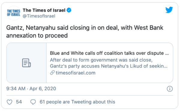 Gantz, Netanyahu said closing in on deal, with West Bank annexation to proceed.