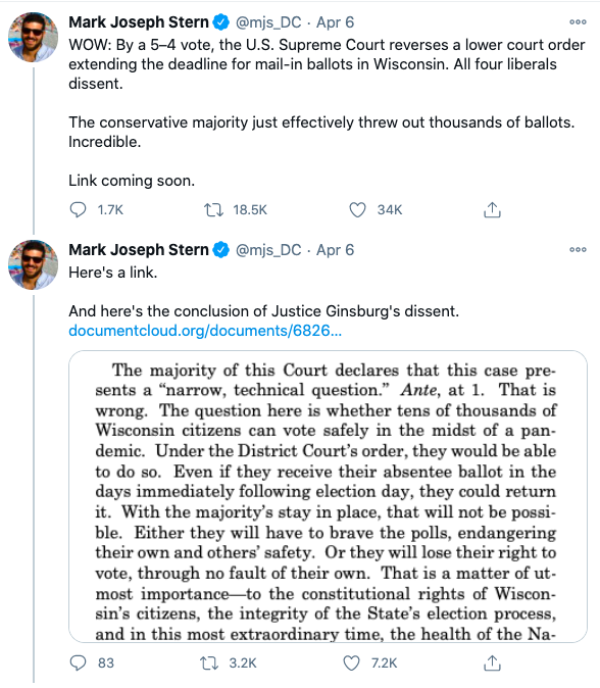 By a 5–4 vote, the U.S. Supreme Court reverses a lower court order extending the deadline for mail-in ballots in Wisconsin.