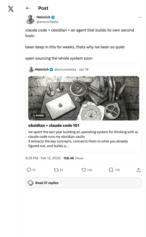 Tweet from @arscontexta about AI second brain