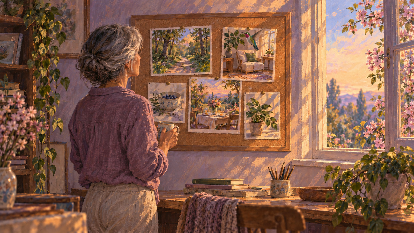 Une femme aux cheveux gris, une tasse à la main, observe des images sur un tableau en liège, avec un colibri en vol devant elle.