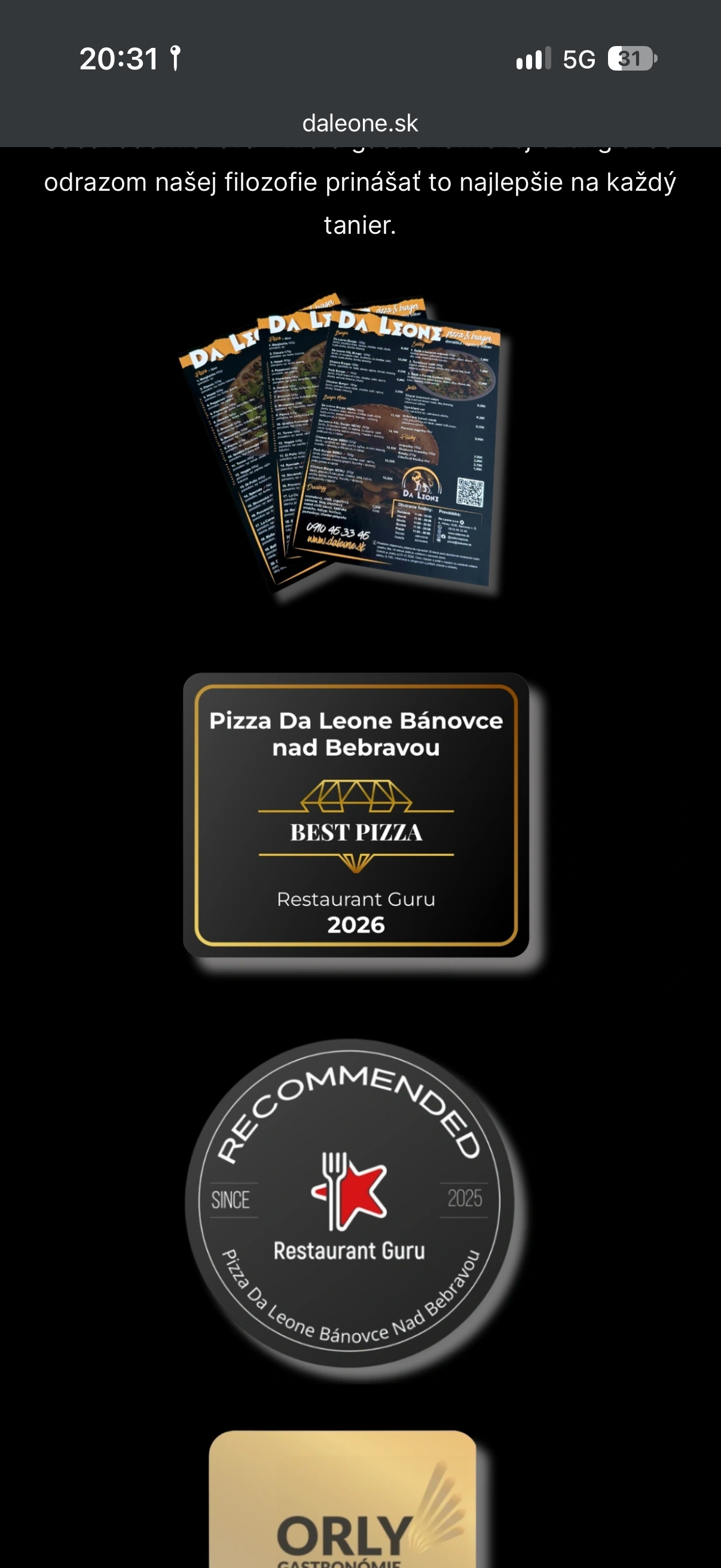 Ukážka tlačeného jedálneho lístka Da Leone.