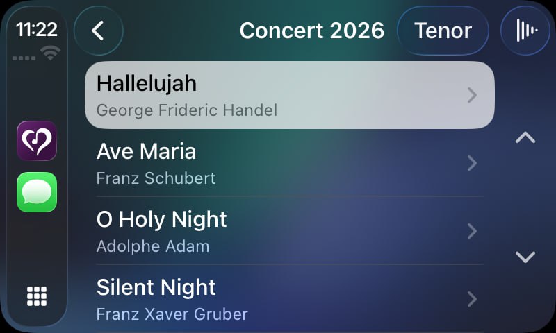 CarPlay set list view showing Concert 2026 tracks