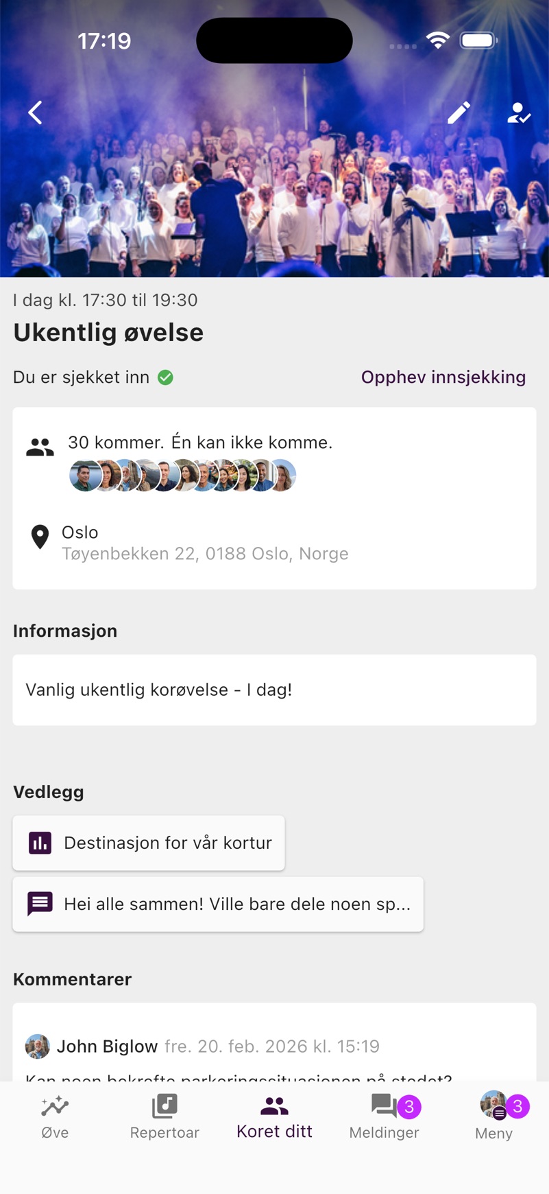 Aktivitetsskjerm som viser vedlagt innhold