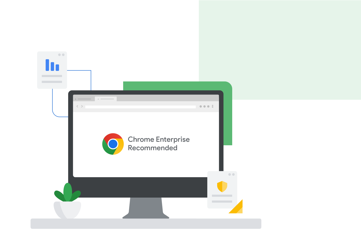 Een computerscherm met Chrome Enterprise Recommended op het scherm. Naast de monitor zijn webpagina's te zien met een staafdiagram en een schild.