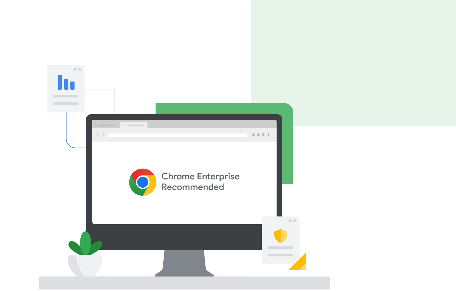 A computer monitor with 'Chrome Enterprise Recommended' on the screen. Next to the monitor are web pages displaying a bar graph and a shield.