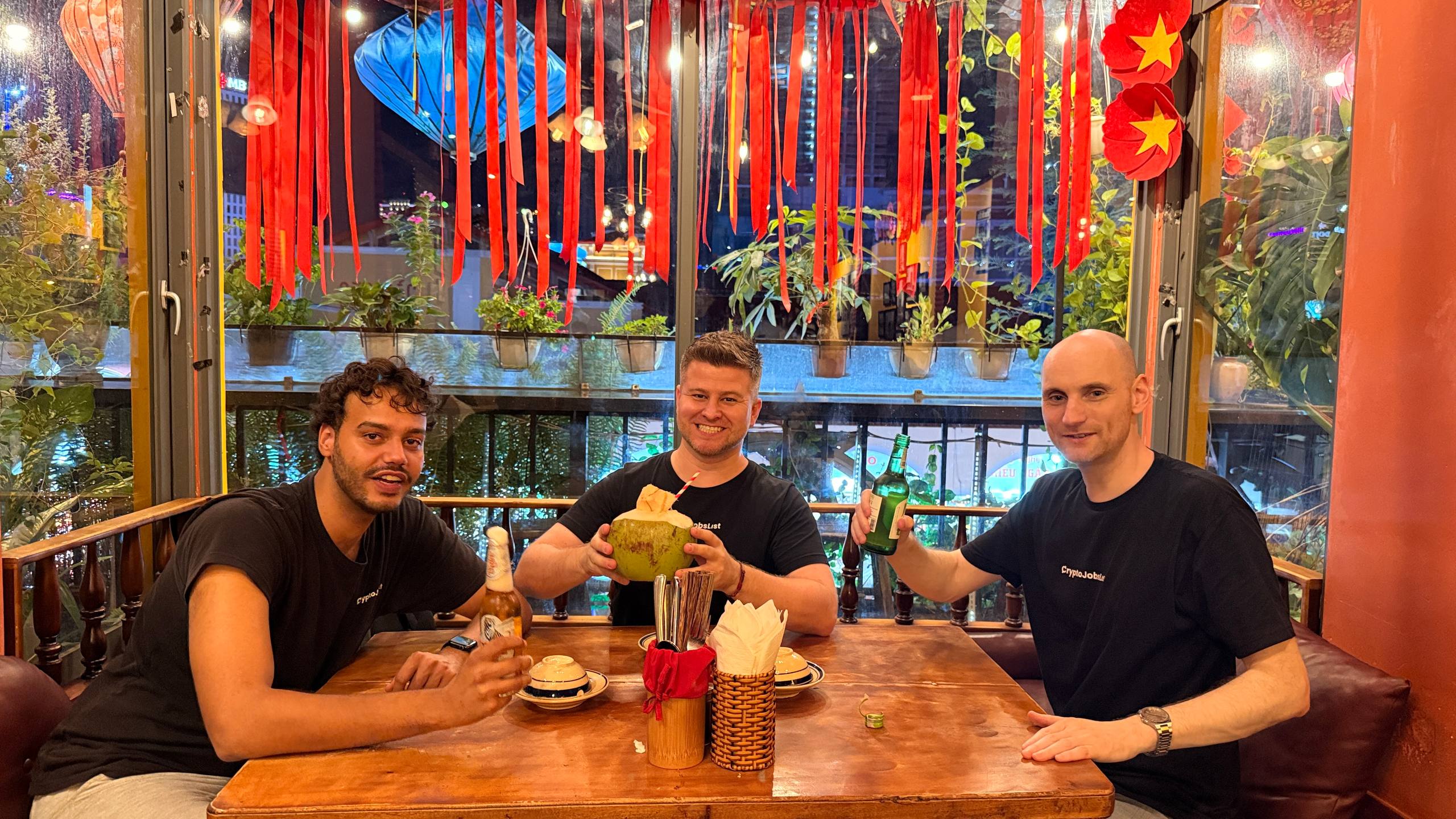 CryptoJobsList teammates meeting Vietnam web3 talent over dinner in Saigon