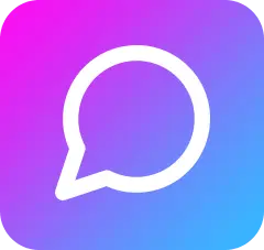 Logo featuring a white speech bubble icon with a gradient background transitioning from pink to blue.