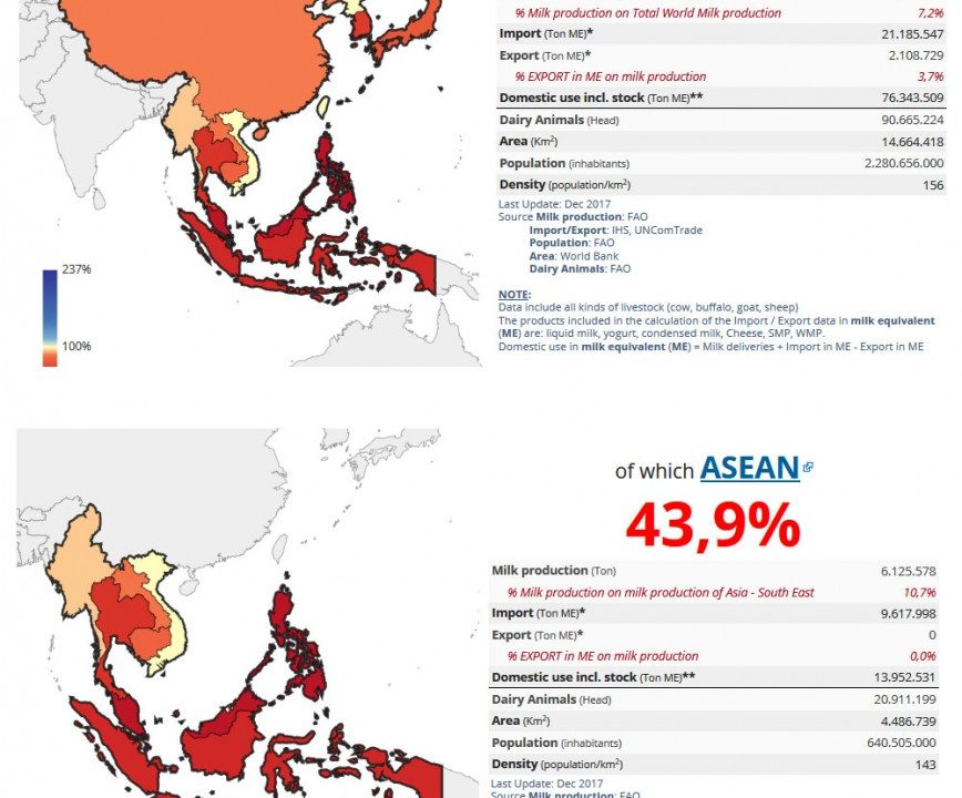 CLAL.it - Auto-sufficienza Latte in Asia con dettaglio dei Paesi Asean - Indonesia, Malaysia, Filippine, Singapore, Thailandia, Brunei, Vietnam, Laos, Birmania, Cambogia(Mappa estratta dall