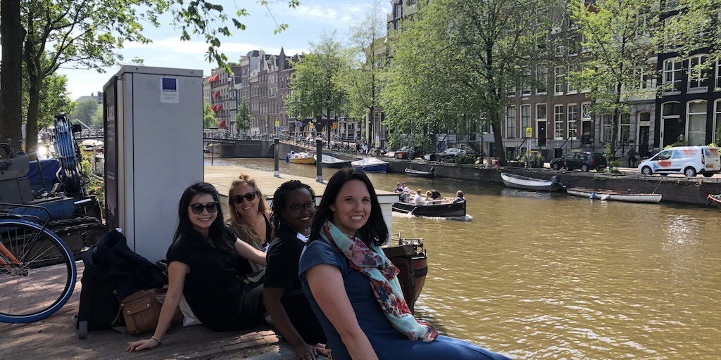 Corinne Schneider, Elisa Lai, Makena Ireri and Jenny Corry Smith taking a break from GOGLA’s annual member meeting on Amsterdam’s canals.