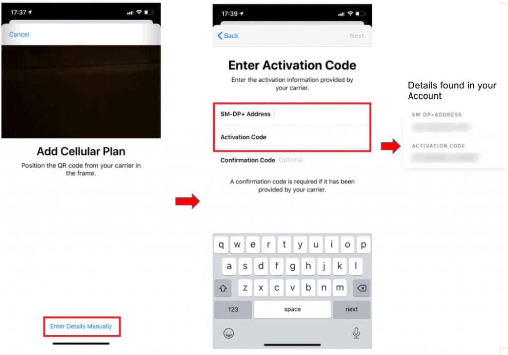 Add Cellular Plan → Enter Details Manually → Enter Activation Code (SM-DP+ Address, Activation Code, Confirmation Code)