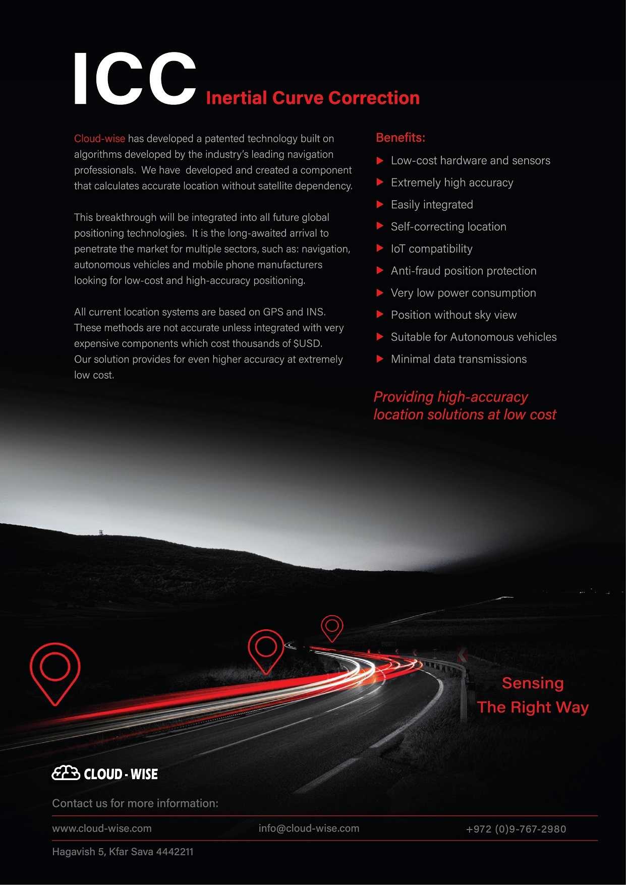 ICC Inertial Curve Correction one-page brochure outlining this groundbreaking location technology logo