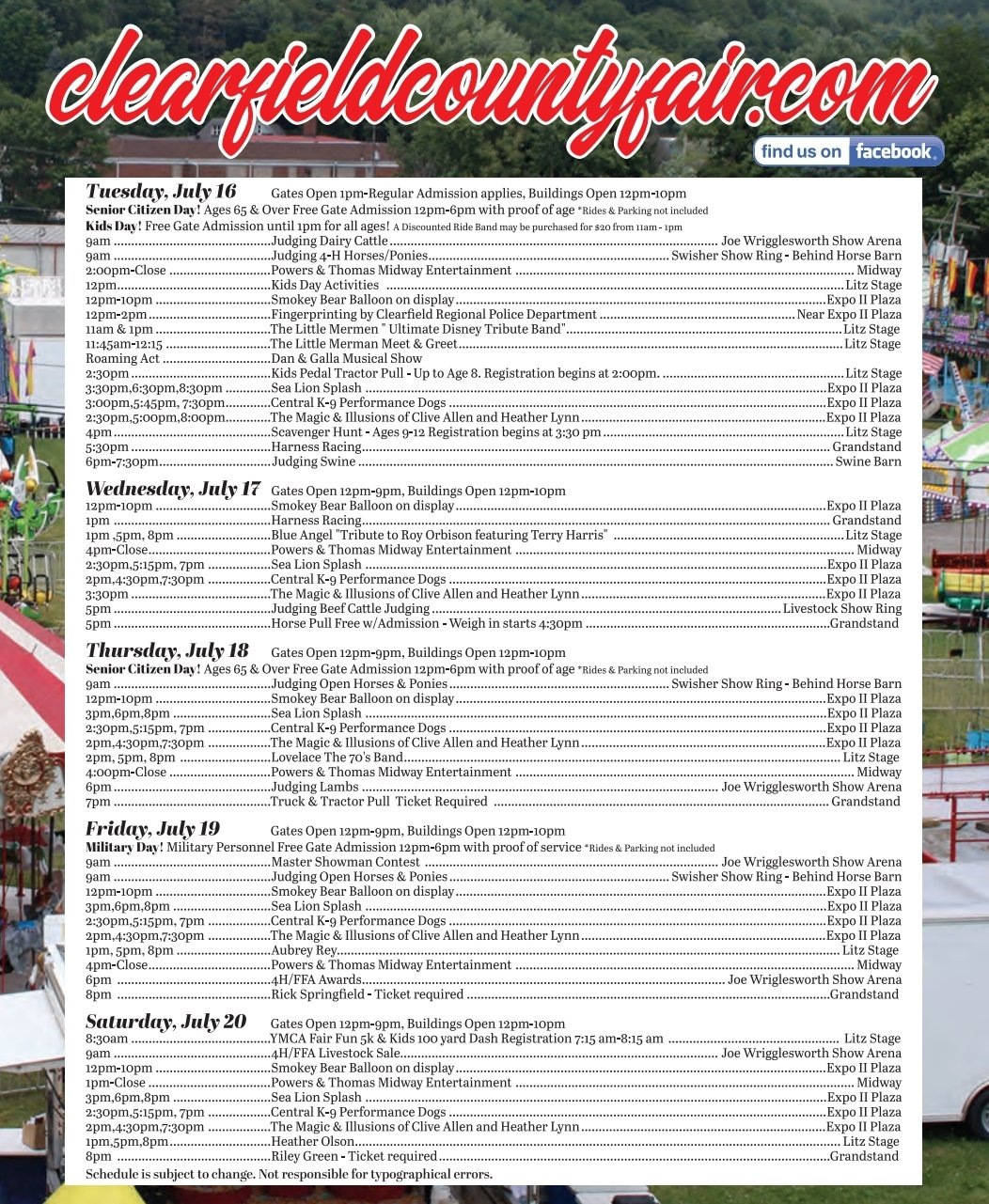 2024 Daily Schedule 163rd Clearfield County Fair