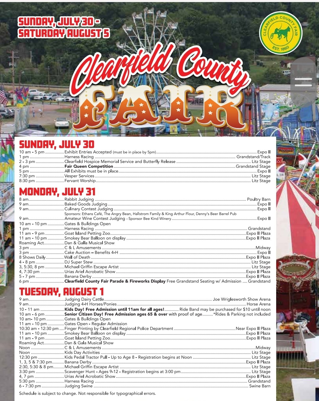 2023 Daily Schedule 163rd Clearfield County Fair