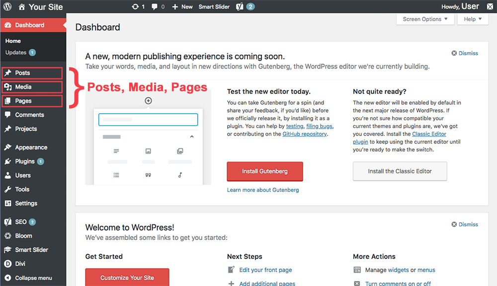 navigation dashboard on WordPress