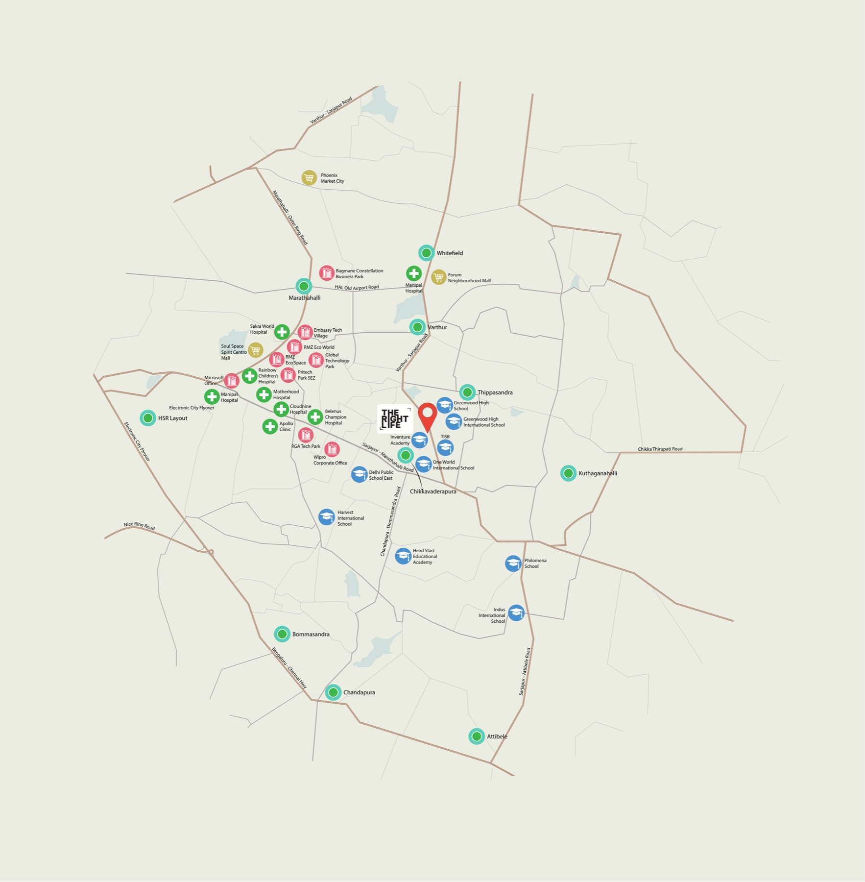 The Right Life location map showing schools, hospitals, malls, tech parks and landmarks across Sarjapur-Whitefield Road