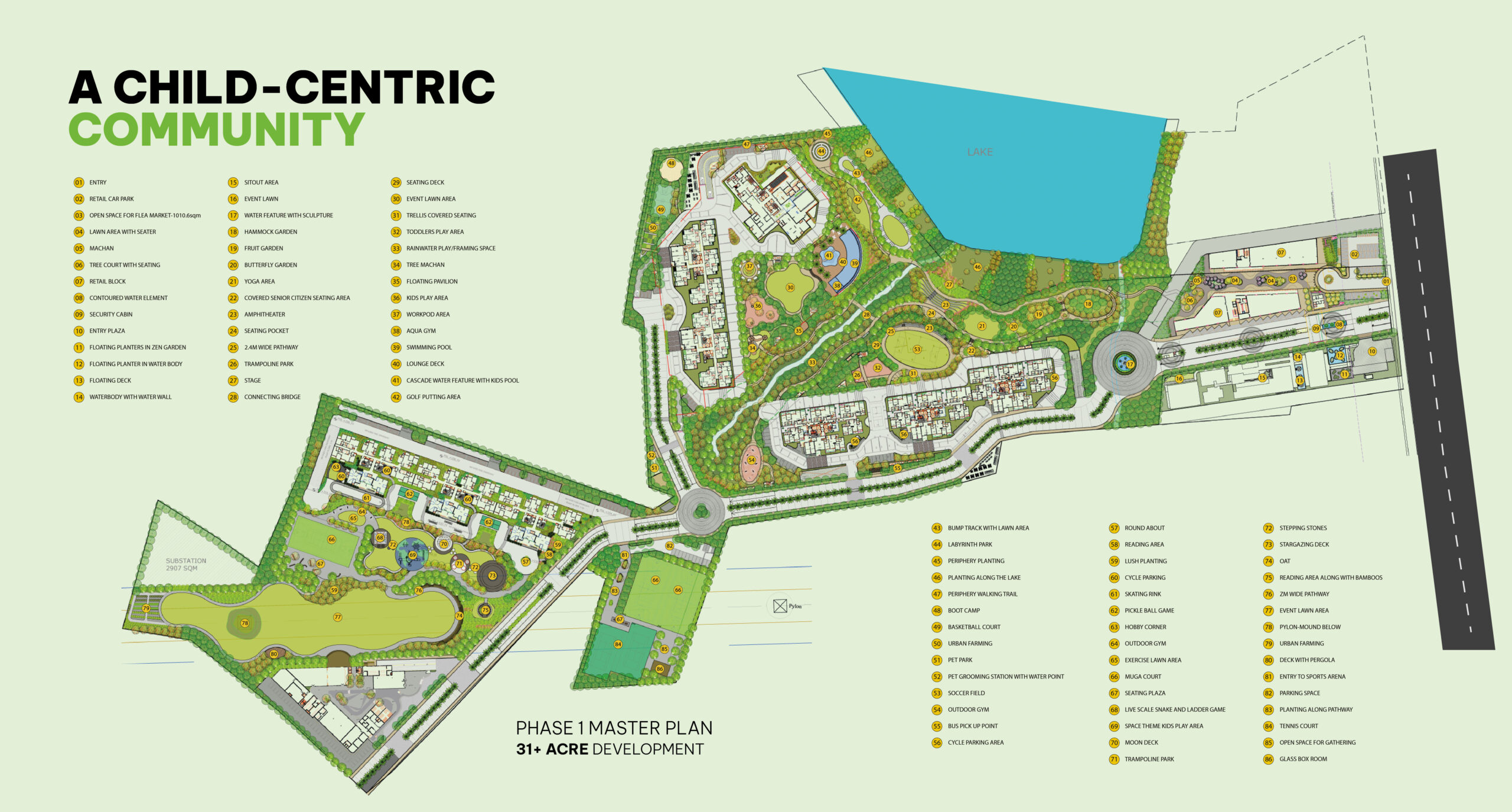 The Right Life Phase 1 master plan &mdash; a 31+ acre child-centric community with clubhouse, sports courts, kids' play zones, landscaped greens and a lake