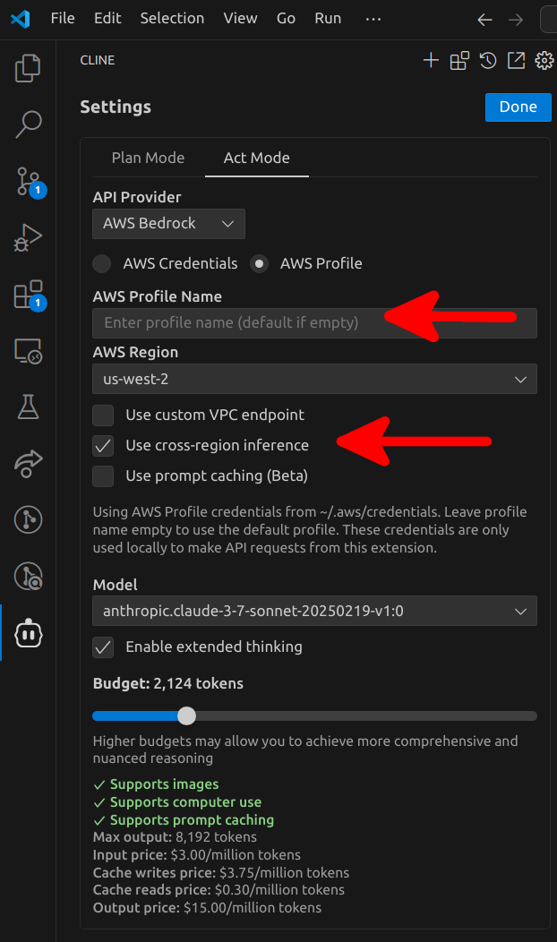 AWS Bedrock configuration in Bwat settings showing profile authentication