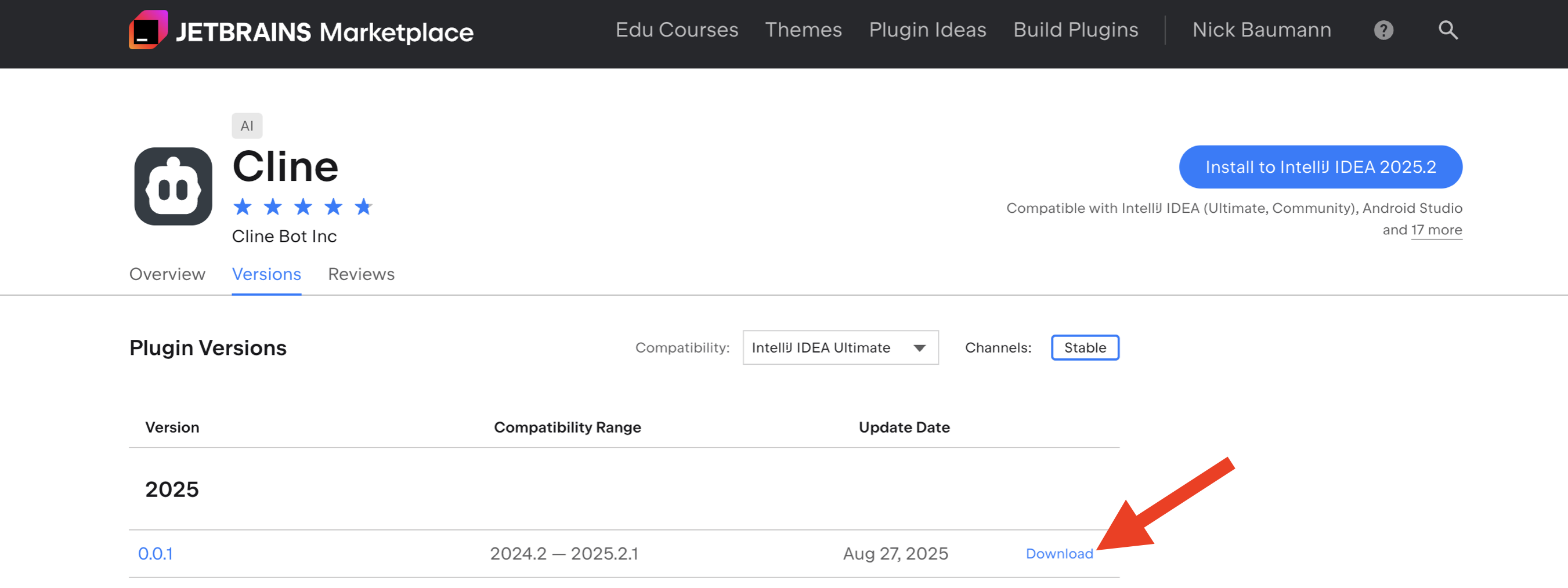 JetBrains plugin marketplace showing Cline download page