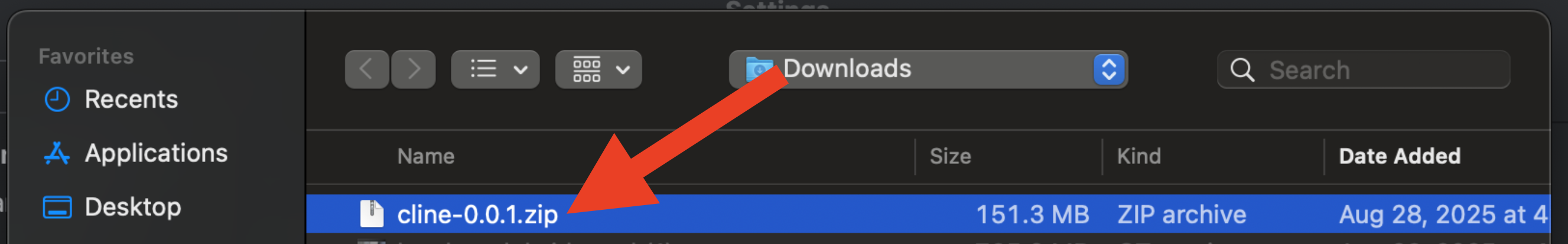 File selection dialog showing Cline plugin zip file