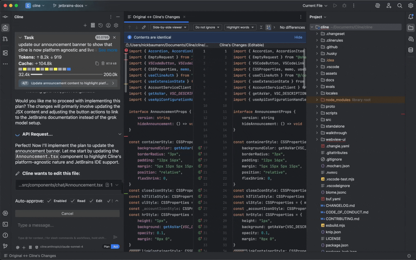 Cline running in JetBrains IDE showing AI assistance