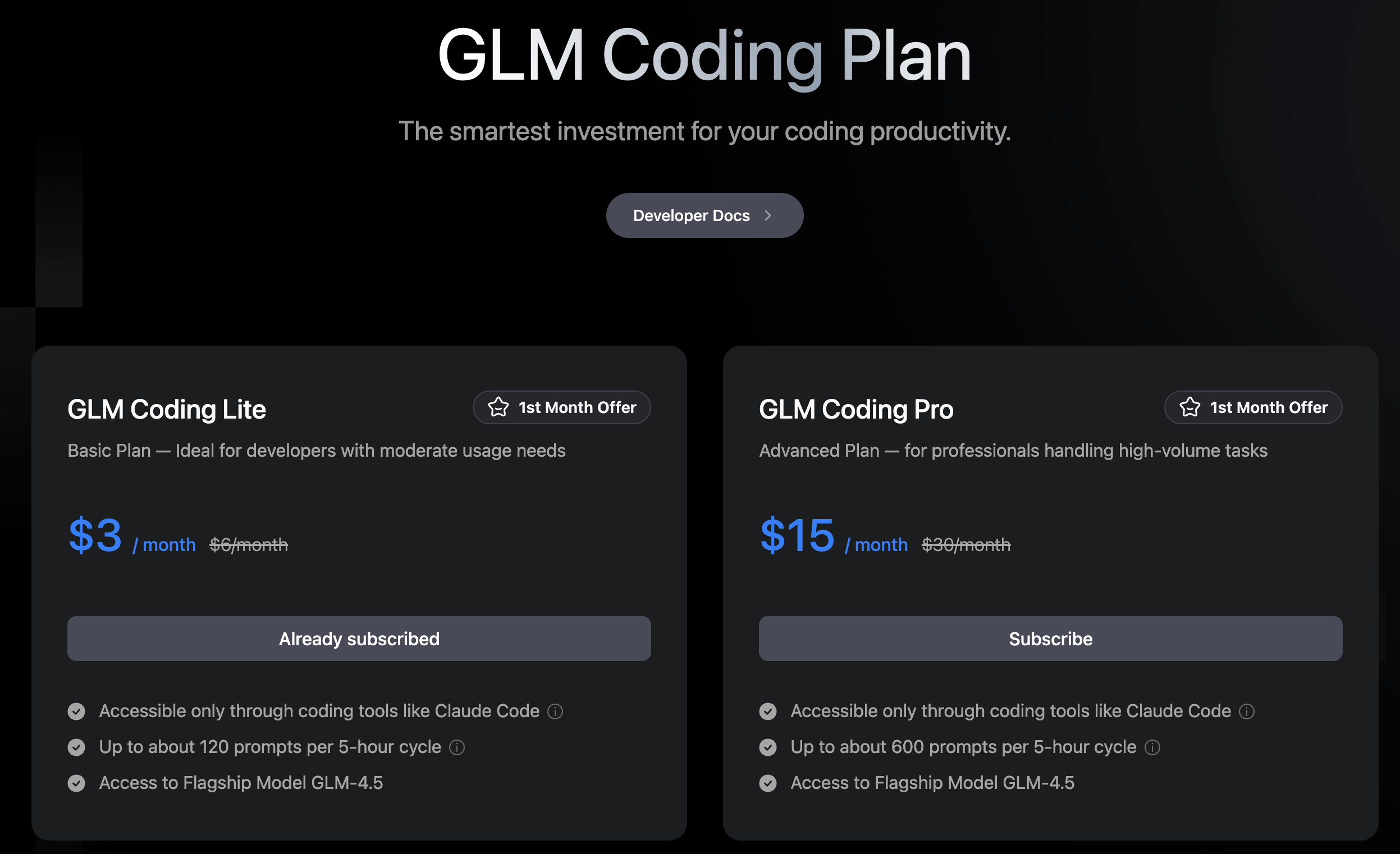 zAI subscription page showing GLM Coding Lite and Pro plans with pricing