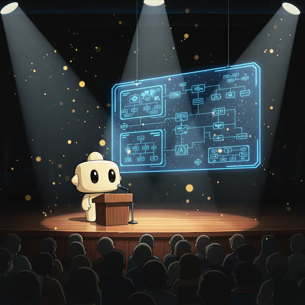 Cline character presenting at speaking session