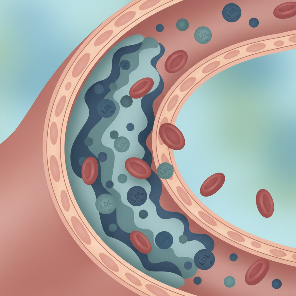 혈관 내 콜레스테롤 축적 과정을 보여주는 의학 일러스트레이션