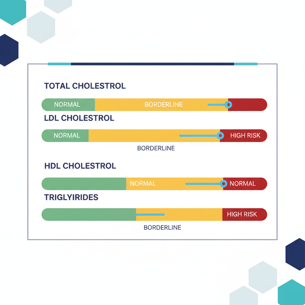 총콜레스테롤, LDL, HDL, 중성지방의 정상·경계·위험 수치를 비교하는 인포그래픽 표
